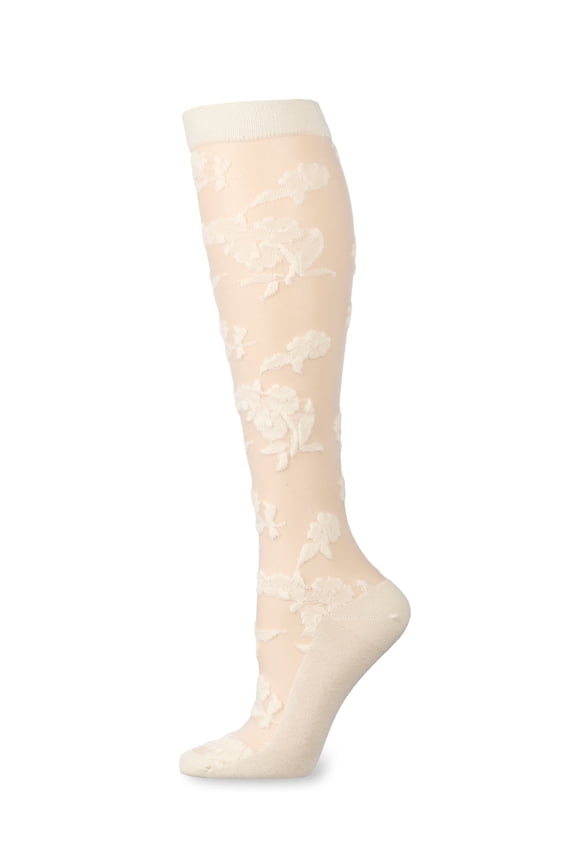 Women's "Floral Fantasy" Embroidered Sheer Knee High Socks - Womens - Female, 9-11, Ivory