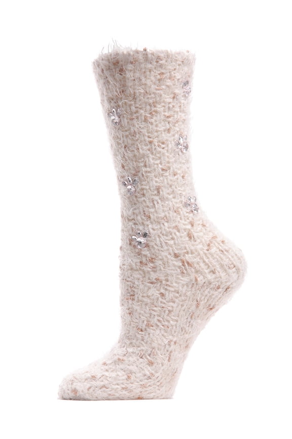 Women's Floral Rhinestone Gems Plush Crew Socks - Womens - Female, 9-11, Black