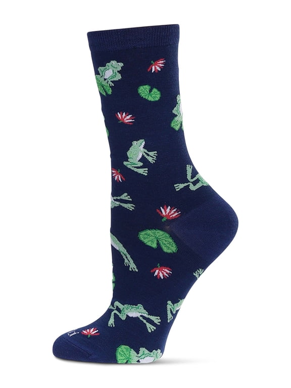 Women's Embroidered Frogs Bamboo Crew Socks - Womens - Female, 9-11, Navy