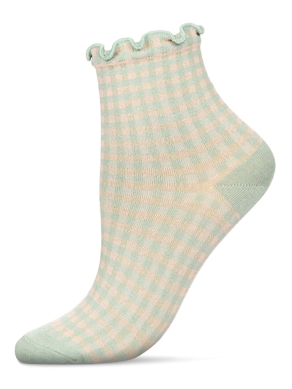 Women's Gingham Cotton Blend Ruffle Cuff Anklet Socks - Womens - Female, 9-11, Powder Blue