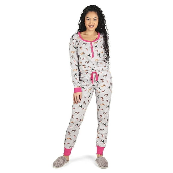 MeMoi Women's Henley Cotton-Rich Pajama Set with Dog Print - Womens - Female, L, Gray Heather