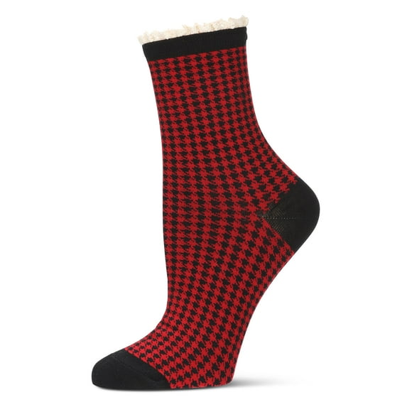 MeMoi Women's Houndstooth Lace Cuff Crew Socks - Womens - Female, 9-11, Black-Red