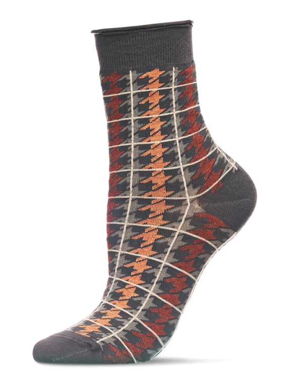Women's Houndstooth Plaid Roll Cuff Crew Socks - Womens - Female, 9-11, Moss Heather
