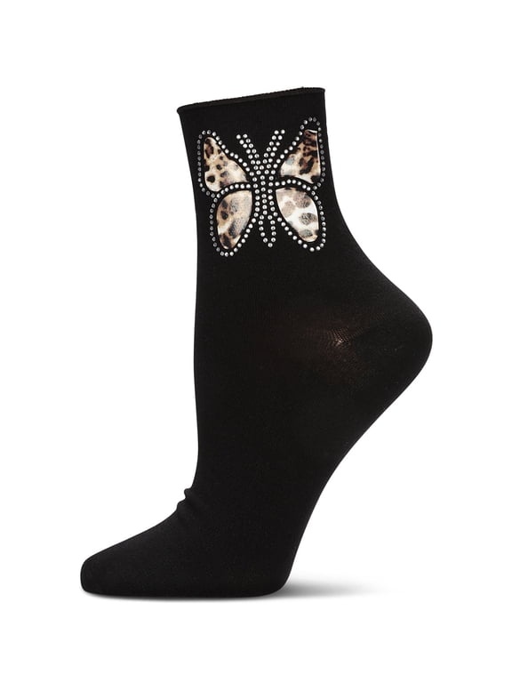 Women's Leopard Butterfly Rhinestone Crew Socks - Womens - Female, 9-11, Black