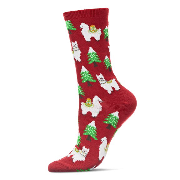 MeMoi Women's Llama Trees Christmas Crew Socks - Womens - Female, 9-11, Red