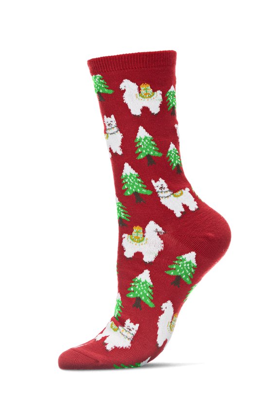 Women's Llama Trees Christmas Crew Socks - Womens - Female, 9-11, Red