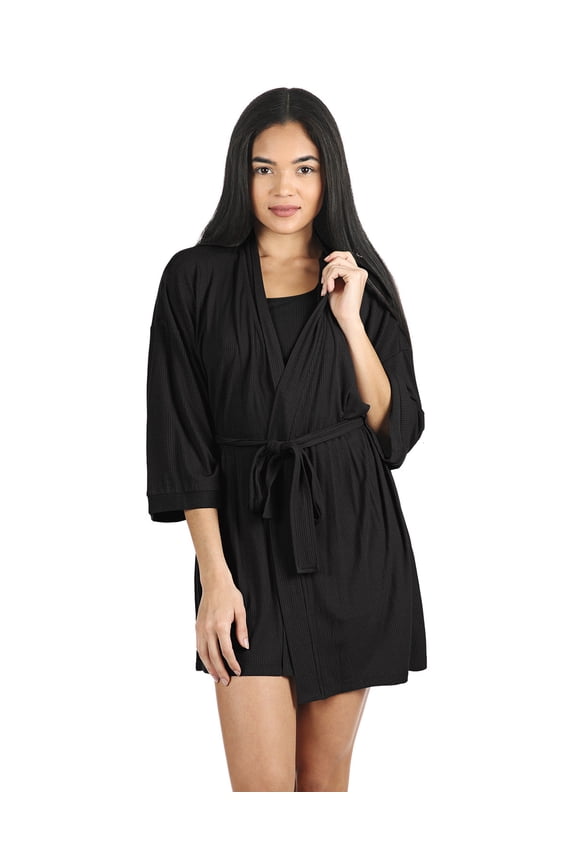 Women's Luxe Ribbed Open-Front Short Robe - Womens - Female (L-XL, Black)