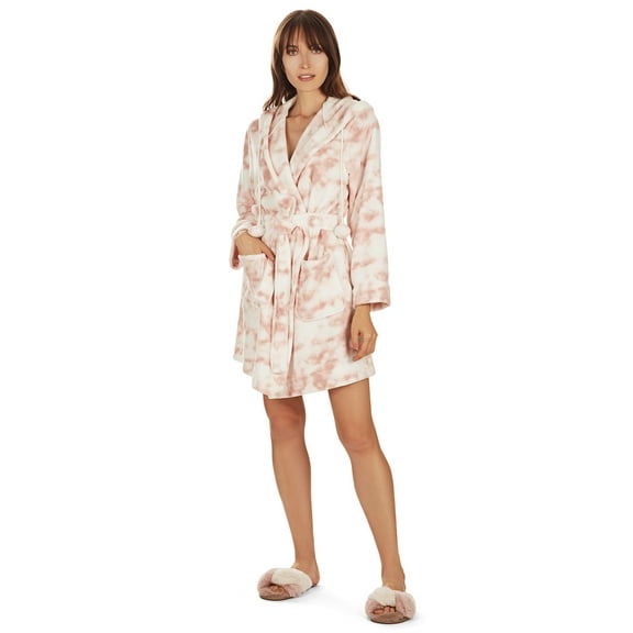 MeMoi Women's Marble Luxe Fleece Plush Pom Pom Lounge Robe - Womens - Female, Large/X-Large, Pale Rose