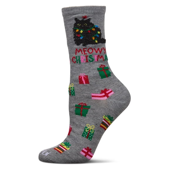 MeMoi Women's Meowy Christmas Holiday Crew Socks - Womens - Female, 9-11, Med Gray Heather