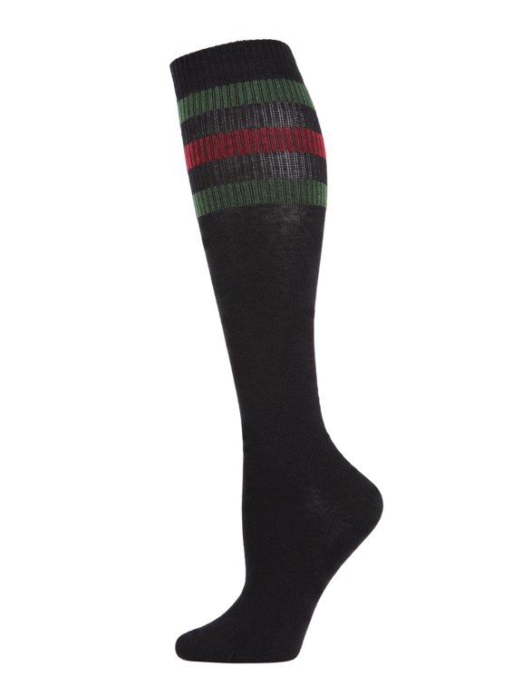 Women's Mod Stripe Knee High Glitter Tube Socks - Womens - Female, One Size, Black-Burgundy