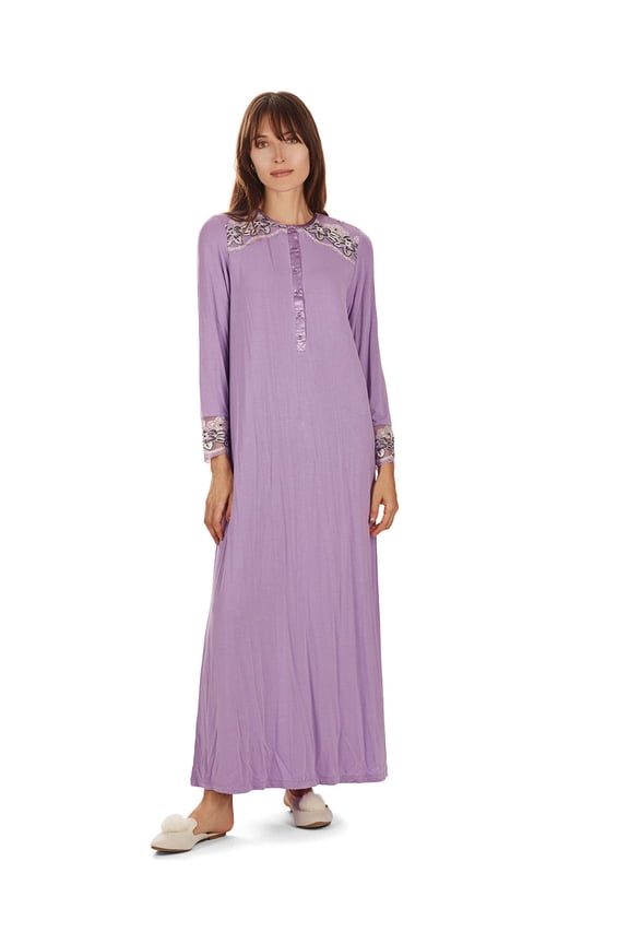 Women's Modest Lace Cuff and Shoulder Accent Ankle Length Nightgown - Womens - Female (XS, Lavender)