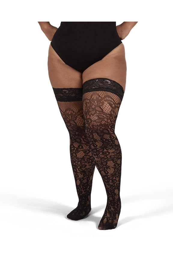 Women's Net Swirl-Pattern Lace-Top Plus Size Thigh High Stockings - Womens - Female, 1X-2X, Black