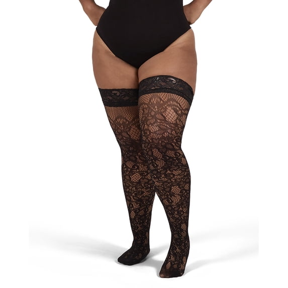 MeMoi Women's Net Swirl-Pattern Lace-Top Plus Size Thigh High Stockings - Womens - Female, 5X-6X, Black