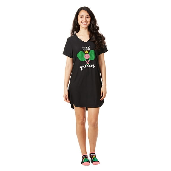 MeMoi Women's Pickleball Princess V-Neck Sleepshirt - Womens - Female (L, Black)