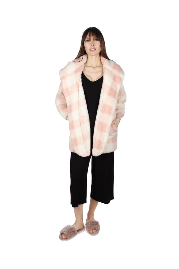 Women's Plaid Plush Hooded Cardigan - Womens - Female, L-XL, Blush