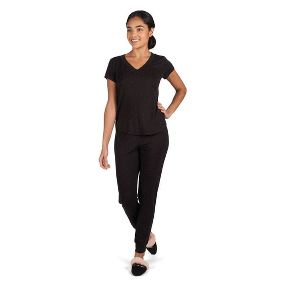 MeMoi Women's Polka Dot Bamboo Blend Short Sleeve V-Neck Top - Womens - Female (L, Black)