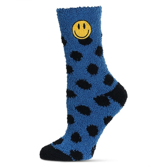 MeMoi Women's Polka Dot Smiley Face Embroidery Cozy Crew Socks - Womens - Female, 9-11, Blue