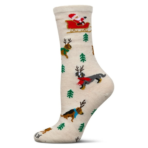 MeMoi Women's Reindeer Pups Holiday Crew Socks - Womens - Female, 9-11, Ivory Heather