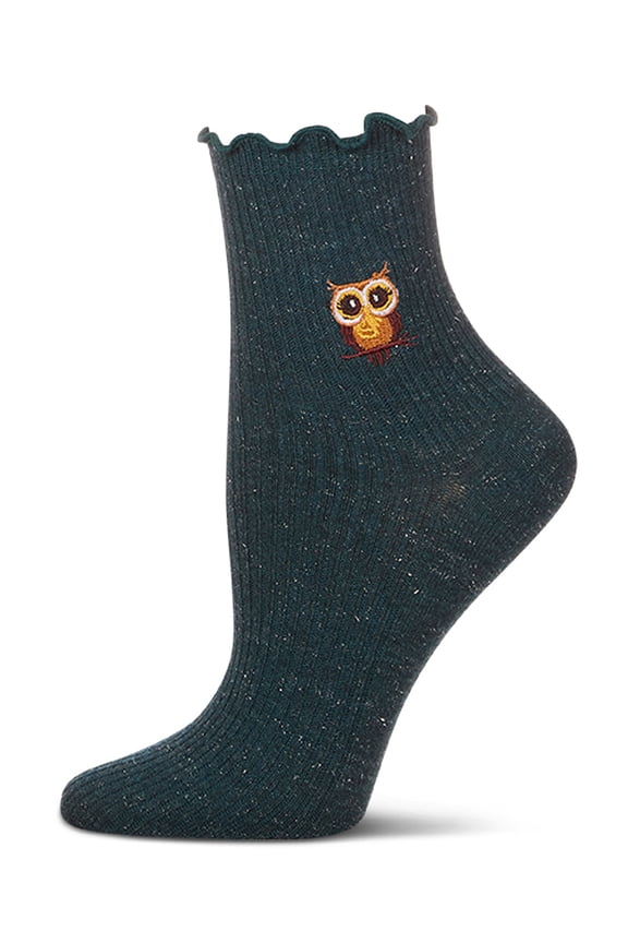 Women's Ribbed Cotton Blend Lettuce Edge Embroidered Owl Crew Sock - Womens - Female, 9-11, Teal