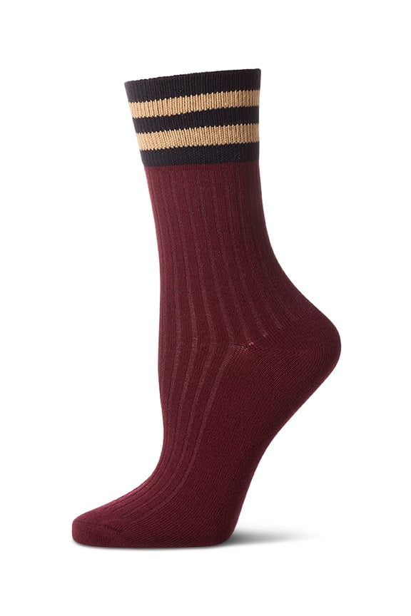 Women's Ribbed Cotton Rich Striped Cuff Crew Sock - Womens - Female, 9-11, Burgundy