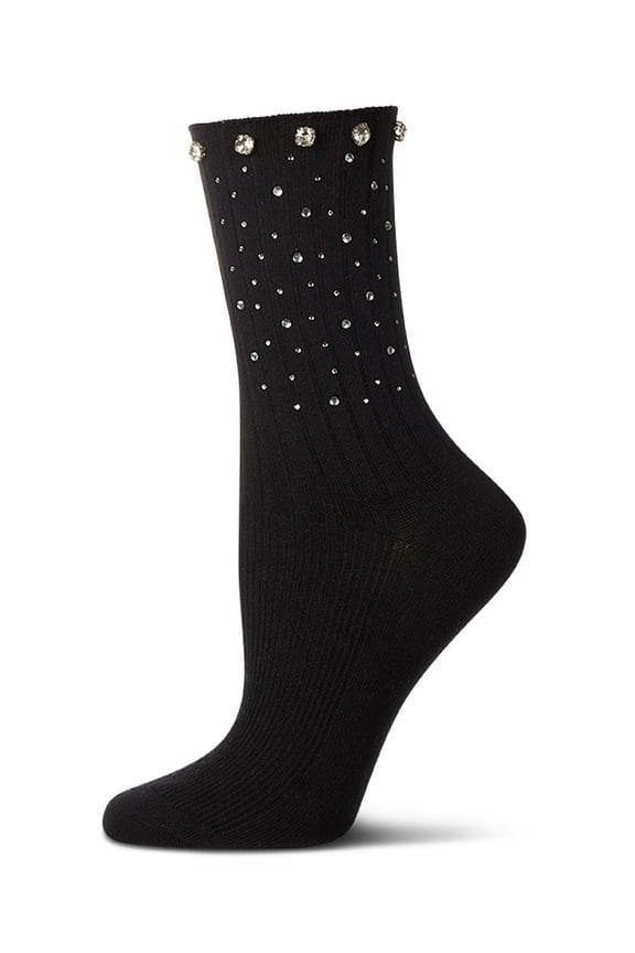 Women's Ribbed Rhinestone Studded Cotton Rich Crew Sock - Womens - Female, 9-11, Black