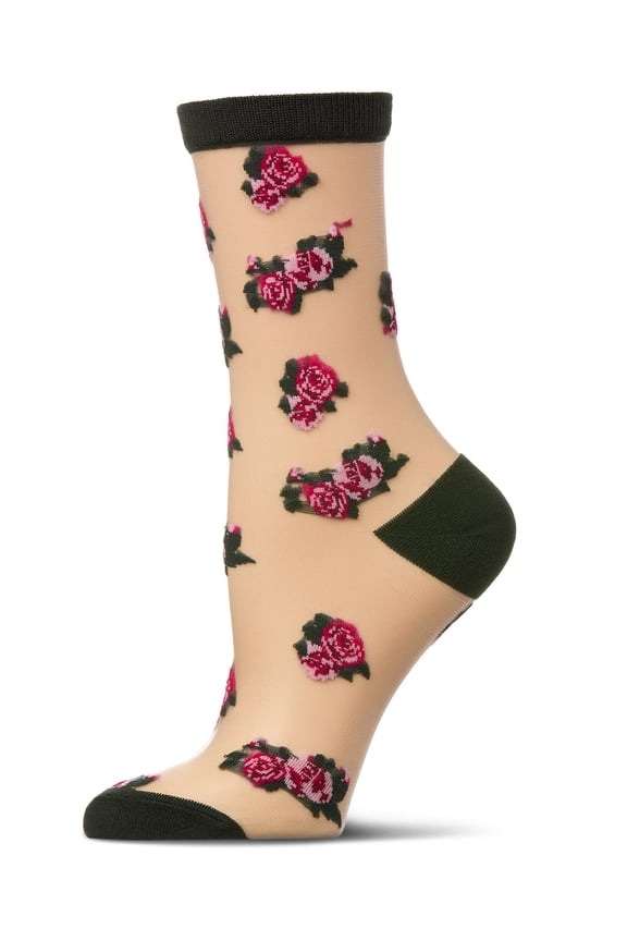 Women's Silky-Sheer Rose-Pattern Cotton-Blend Crew Sock - Womens - Female, 9-11, Olive