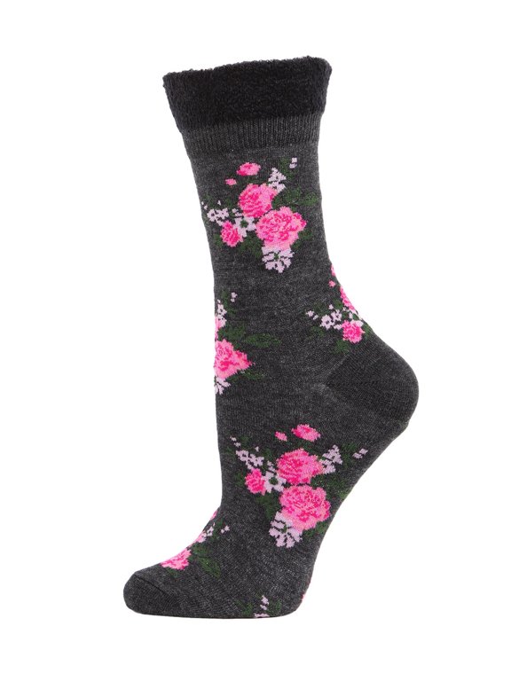 Women's Rosie Chenille Cuff Embroidered Flower Crew Socks - Womens - Female, One Size, Charcoal