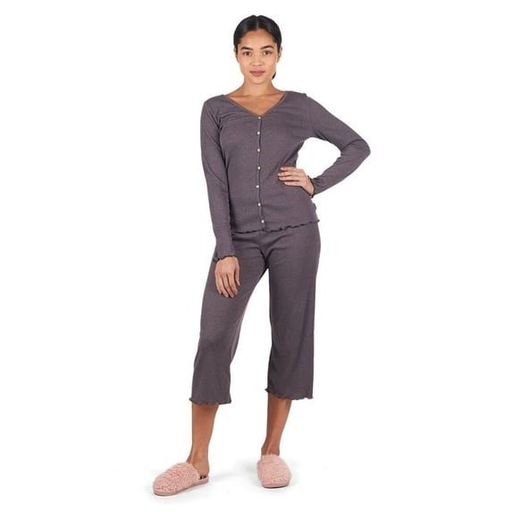 MeMoi Women's Ruffled Lettuce Edge Rib Long Sleeve and Capri Set - Womens - Female