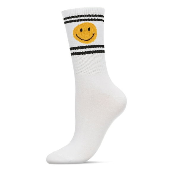 MeMoi Women's Smiley Face Athletic Double Stripe Crew Sock - Womens - Female, 9-11, White