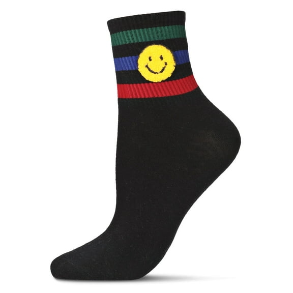 MeMoi Women's Striped Cotton-Rich Crew Sock with Terry Smiley Patch - Womens - Female, 9-11, Black