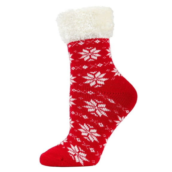 MeMoi Women's Snowflake Fair Isle Plush Cabin Socks - Womens - Female, 9-11, Tango Red