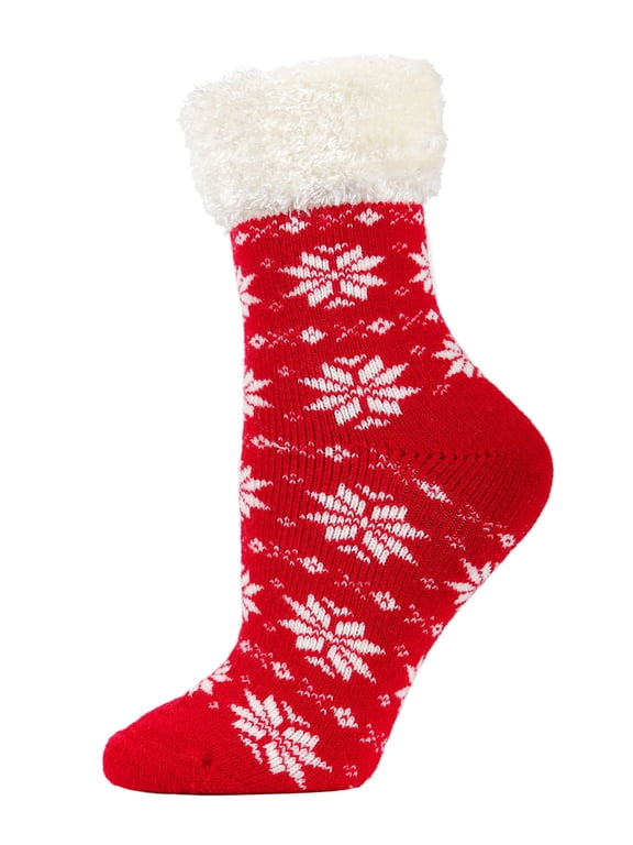 Women's Snowflake Fair Isle Plush Cabin Socks - Womens - Female, 9-11, Tango Red