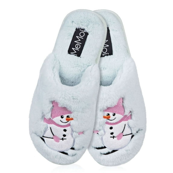MeMoi Women's Snowman Ski-Sons Hard Bottom Plush Slippers - Womens - Female (L 9-10, Light Blue)