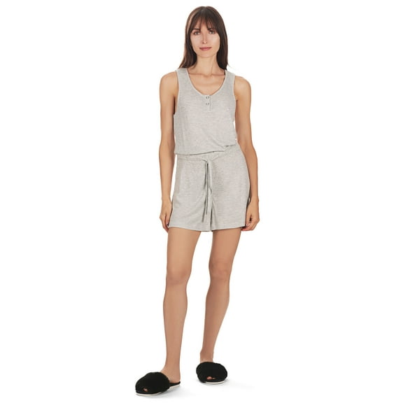 MeMoi Women's Soft Waffle Bamboo Blend Short Romper with Cinched Waist - Womens - Female, L, Gray Heather