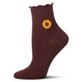 thumbnail image 1 of MeMoi Women's Sparkly Ribbed Lettuce Edge Embroidered Sunflower Crew Sock - Womens - Female, 9-11, Burgundy, 1 of 3