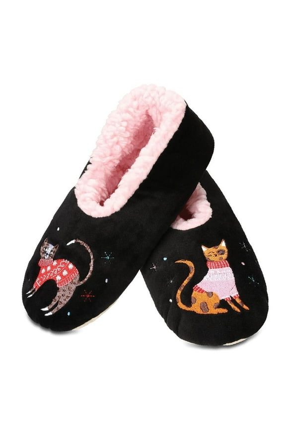 Women's Sweater Cats Sherpa Lined Slippers - Womens - Female (S-M, Black)