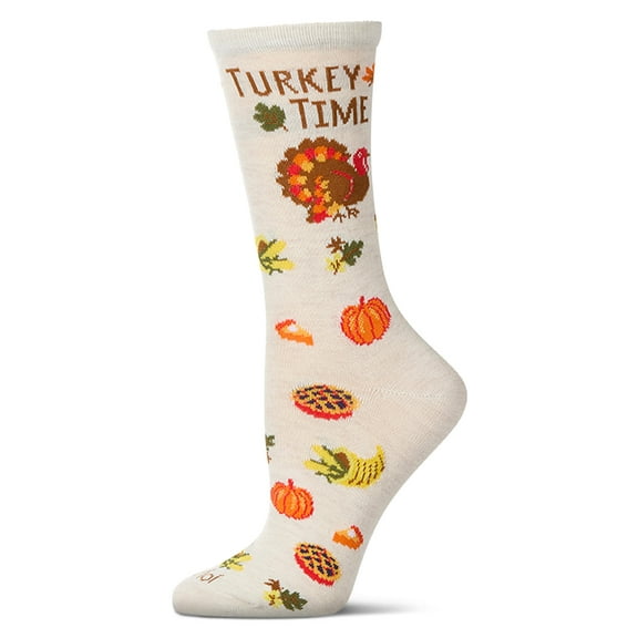 MeMoi Women's "Turkey Time" Rayon Blend Thanksgiving Holiday Crew Sock - Womens - Female, 9-11, Ivory Heather
