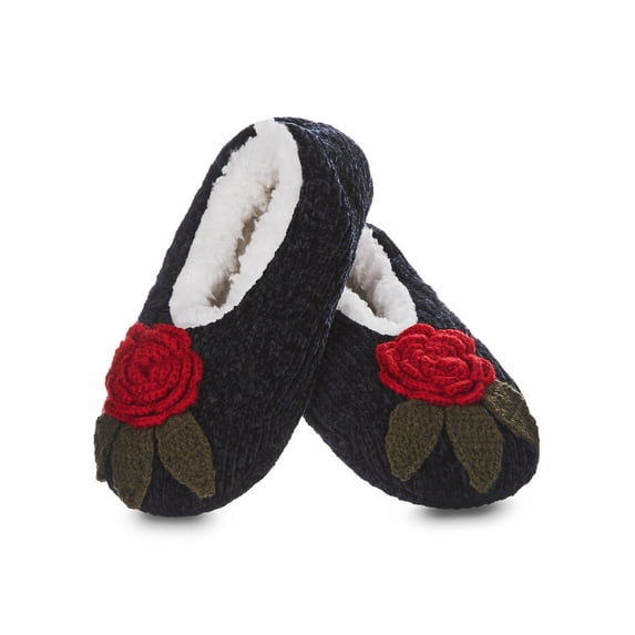 MeMoi Women's Winter Rose Chenille Plush-Lined Slippers - Womens - Female (M-L, Black)