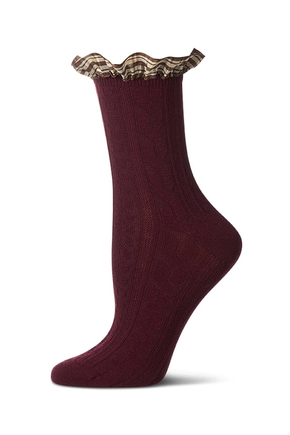 Women's Wool Blend Plaid Ruffle-Cuff Chain Stitch Crew Sock - Womens - Female, 9-11, Taupe