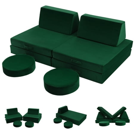 MeMoreCool Kids Couch Sofa Modular Toddler Couch for Bedroom Playroom, 8-Piece Fold Out Couch Play Set for Imaginative Boy Girl, Creative Baby Couch Children Convertible Sofa Kids Foam Couch, Green