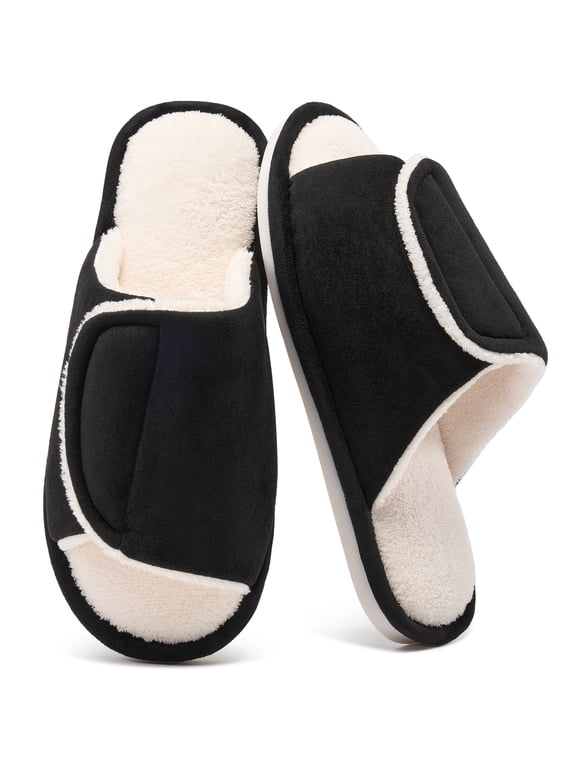 Men's Fuzzy Slippers Open Toe Adjustable Memory Foam Plush Lined Indoor House Shoes