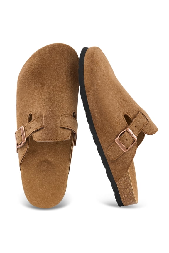 Suede Clogs for Men Leather Mules Soft Potato Shoes Slip On Sandals with Arch Support & Adjustable Buckle