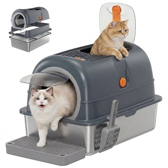 MeWang Extra Large Stainless Steel Cat Litter Box with Lid, Enclosed High-Sided Litter Pan for Large Cats, Front & Top Entry, Odor Control, Scoop and Litter Mat Included, Grey