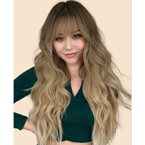 MeaYOO Blonde Wig with Bangs for Women, Long Curly Wavy Ombre Blonde Wig, 26 Inch Natural Looking Synthetic Heat Resistant Wavy Wigs for Women Daily Party Use, Cosplay Wig
