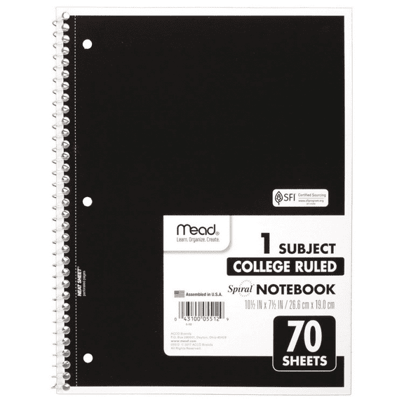 Mead 1-Subject Spiral Notebook [College Ruled]: 7-1/2 in. x 10-1/2 in. (Black) 70 sheets