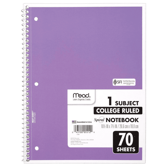 Mead 1 Subject Spiral Notebook, College Ruled 7.5 Inch x 10.5 Inch, Purple, 70 Pages