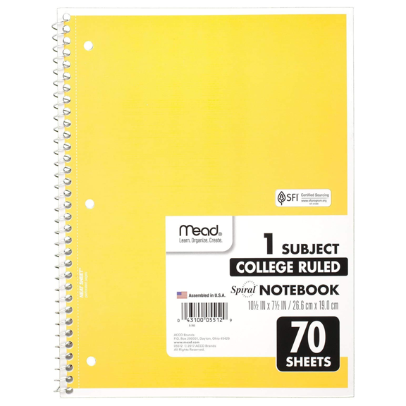 Mead 1-Subject Spiral Notebook [College Ruled]: 7-1/2 in. x 10-1/2 in. (Yellow) 70 sheets