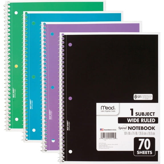 Mead 1 Subject Wide Ruled Spiral Notebook - 70 Sheets - 140 Pages - Spiral Bound - 3 Hole(s) - 10 1/2" x 8" - 10" x 8"0.5" - White Paper - Assorted Co | Bundle of 2 Packs