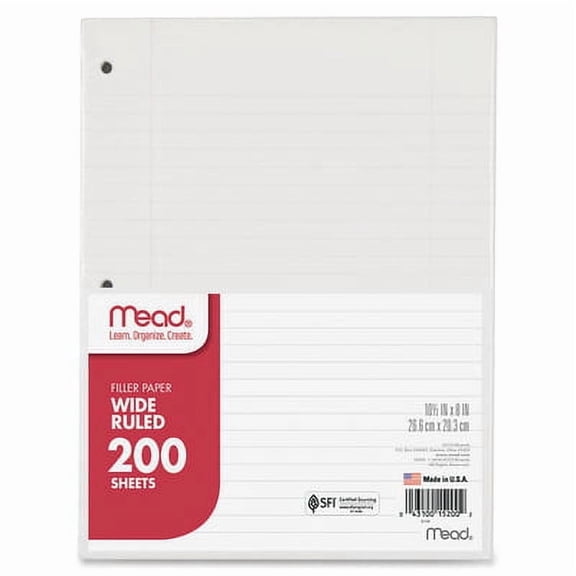 Mead-2PK Filler Paper, 3-Hole, 8 X 10.5, Wide/Legal Rule, 200/Pack