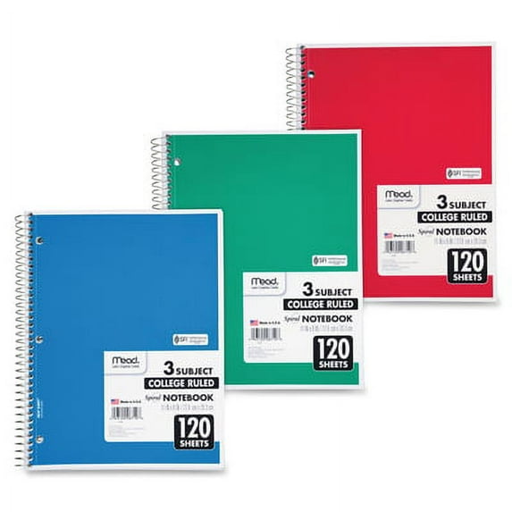 Mead-2PK Spiral Notebook, 3 Subject, Medium/College Rule, Randomly Assorted Covers, 11 X 8, 120 Sheets